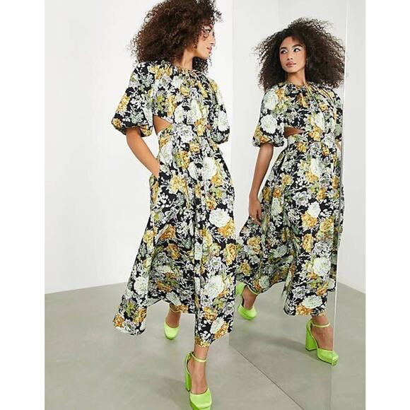 ASOS EDITION Sz 4 Might Fit 2 Black Yellow Floral Puff Sleeve Midi Dress NWT - Picture 1 of 9